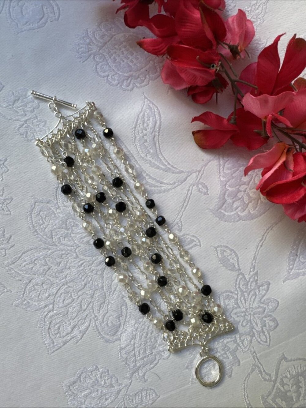 WHBM Silvertone Black Clear Bead Multi Chain 2" Wide Toggle Bracelet NEW